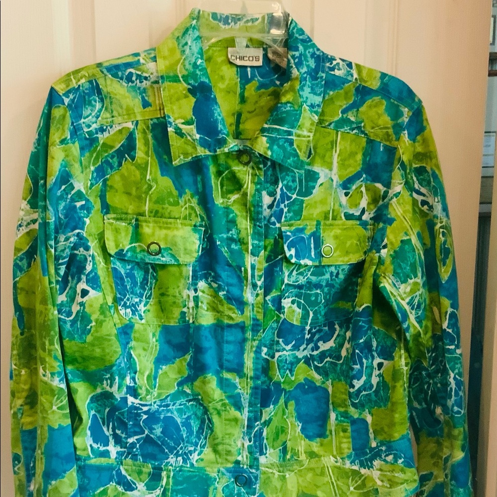 Chico’s Jacket Sz 1 Blue/Green Snap Front